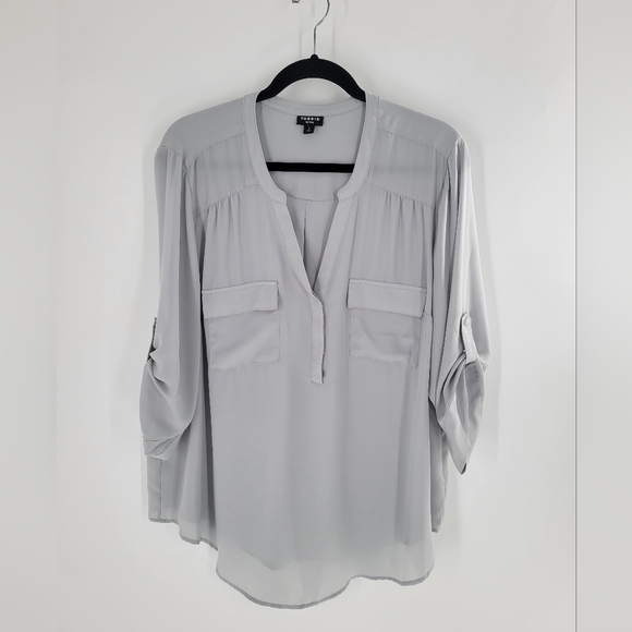 torrid Tops - Torrid Gray Roll Tab Sleeve Collared Pocket Blouse Women's Plus Size 2X